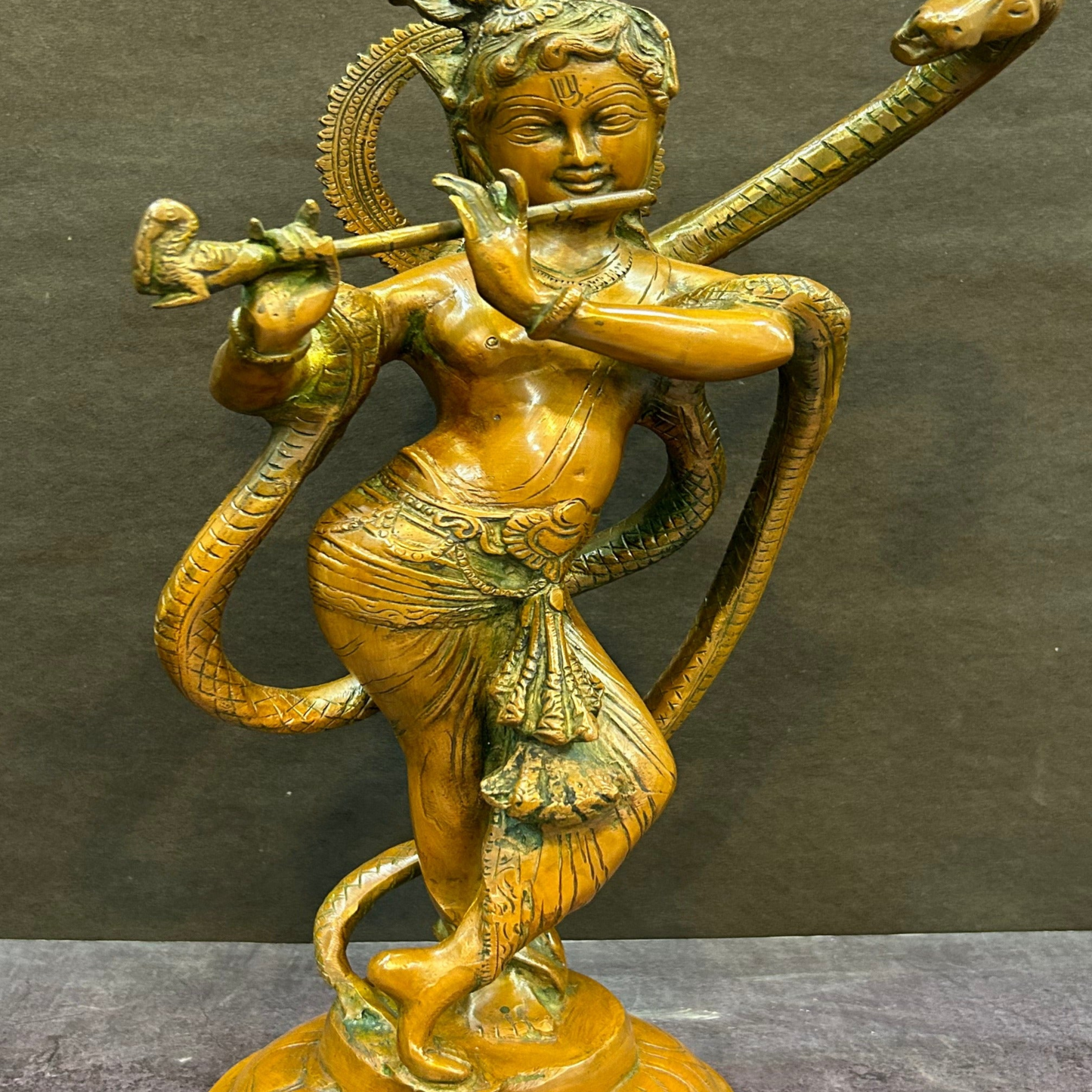 Brass Krishna Idol with Kaliya Naag in Copper Patina Finish 15" by StatueStudio