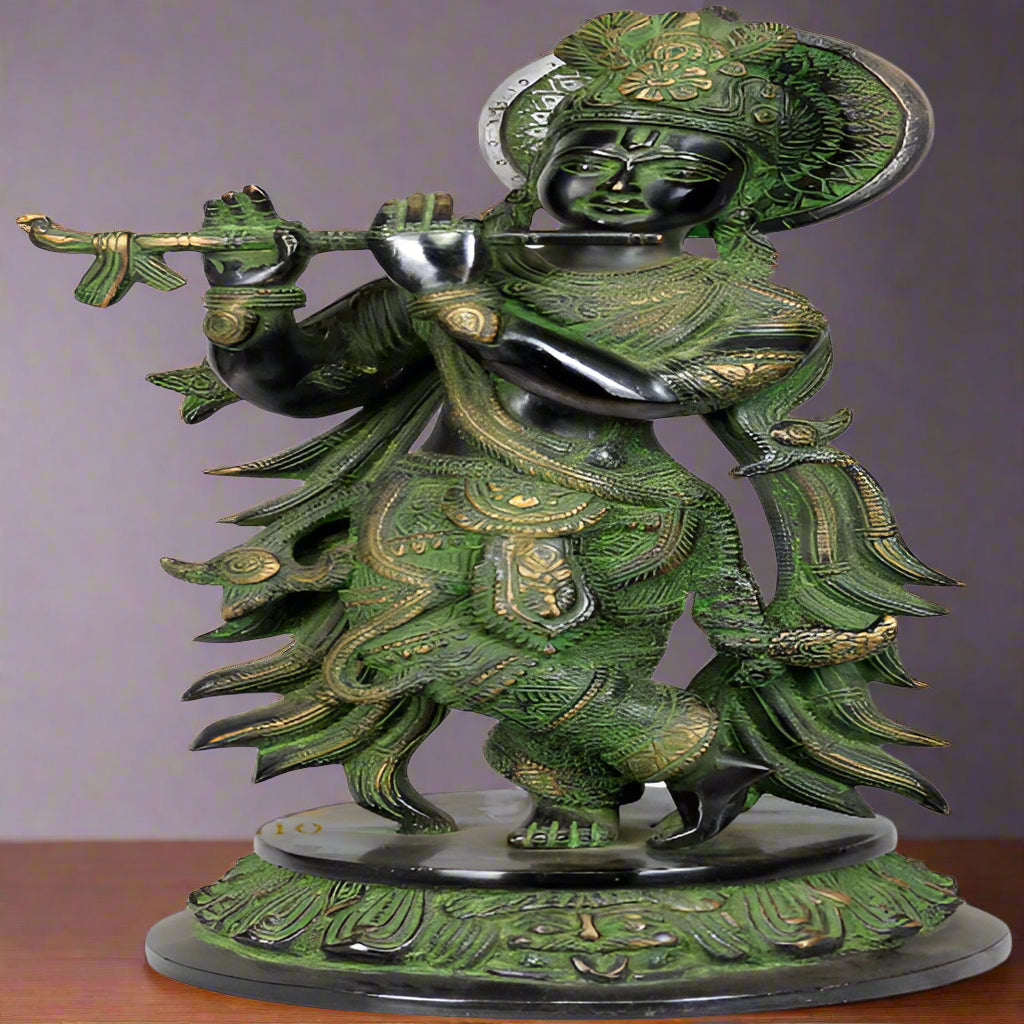 Brass Krishna Statue Antique Finish 12 Inch - Eco-friendly - Sama Homes