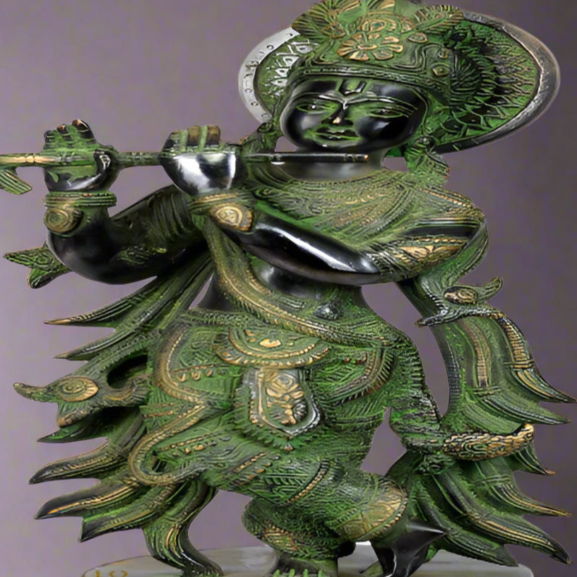 Brass Krishna Statue Antique Finish 12 Inch - Image 2
