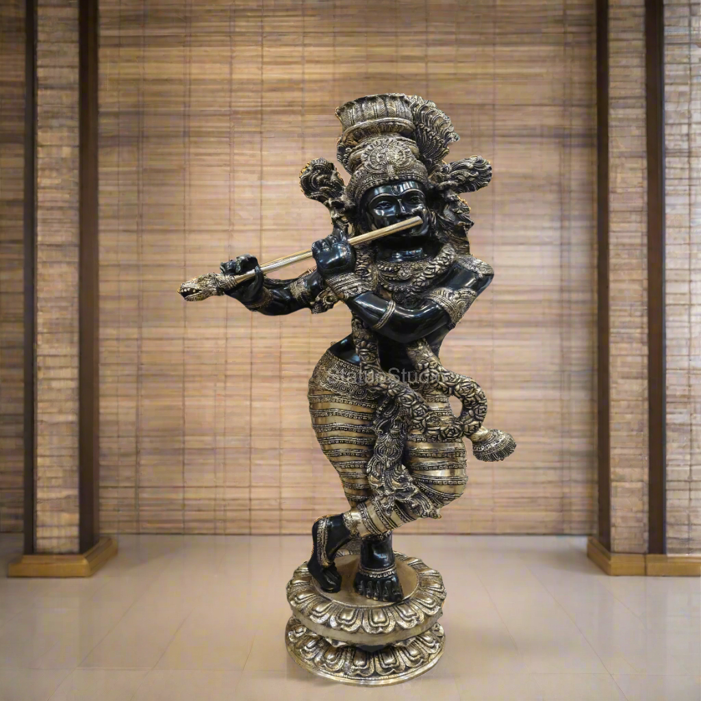 Brass Large Krishna Statue Antique Finish For Home Temple Decor Showpiece 44" - Eco-friendly - Sama Homes