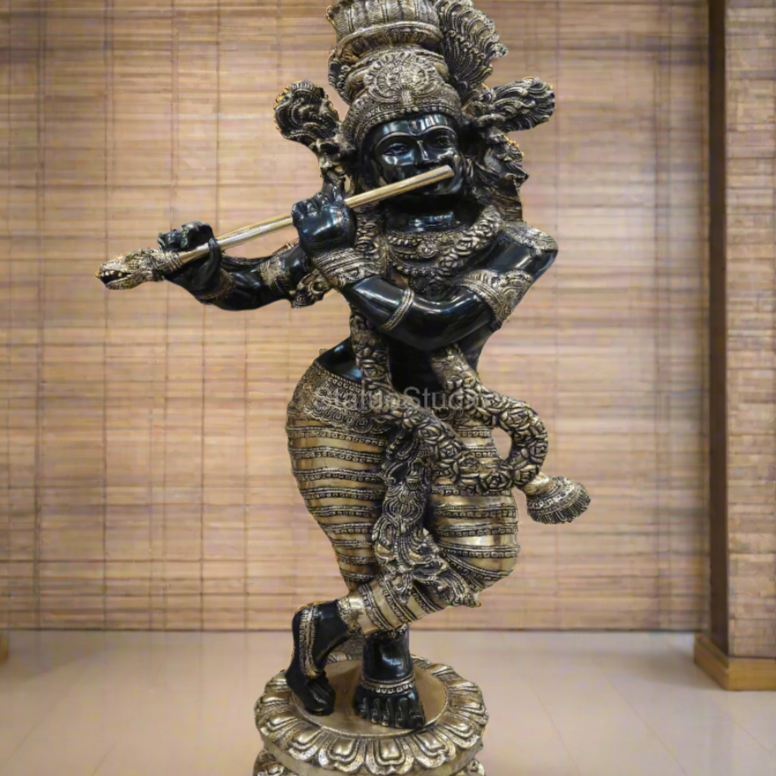 Brass Large Krishna Statue Antique Finish For Home Temple Decor Showpiece 44" - Image 2