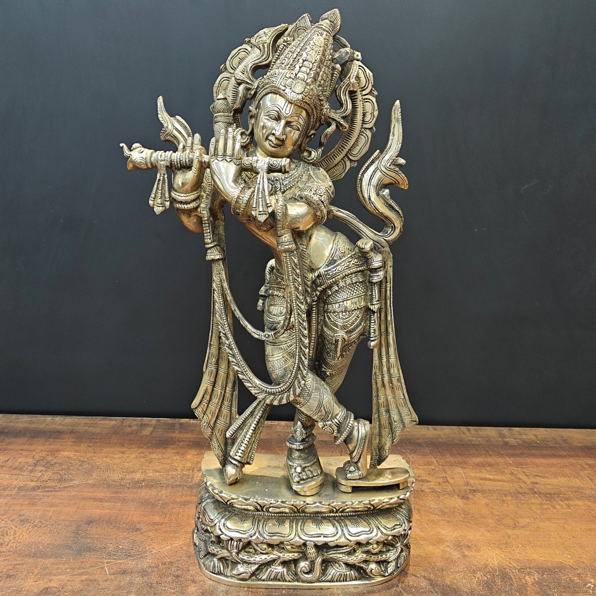 Brass Krishna Statue Playing Flute 2 Feet - Eco-friendly - Sama Homes