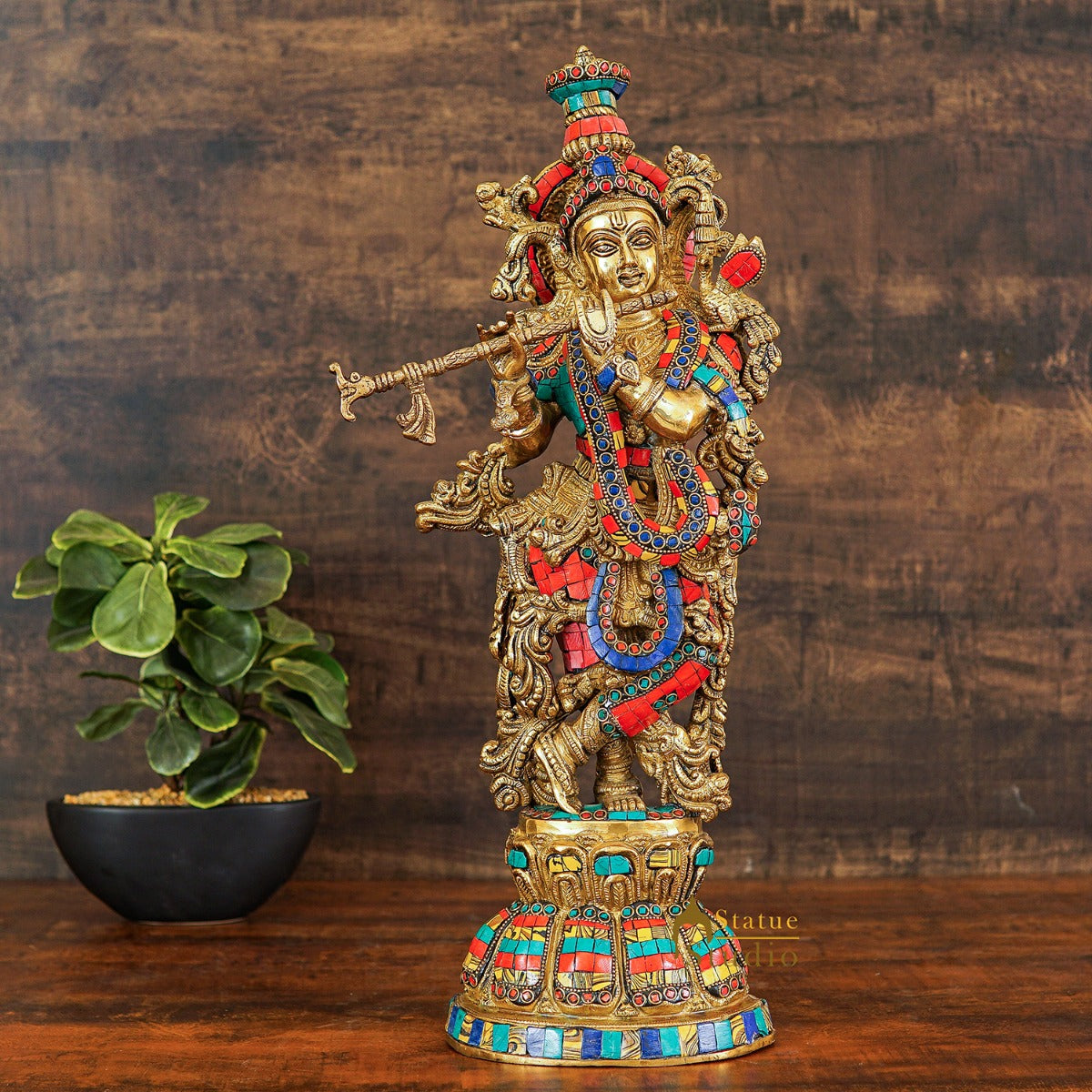 Brass Krishna Idol with Flute 20" by StatueStudio