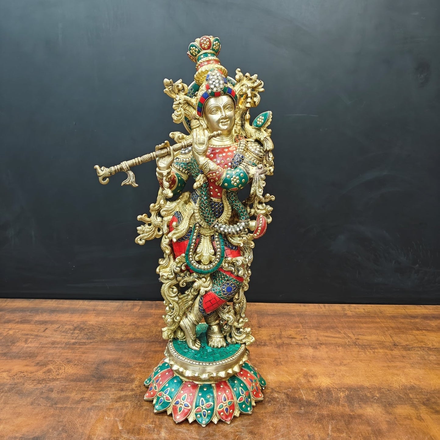 Brass Krishna Statue Standing On Lptus Base With Stone Work 27 Inch
