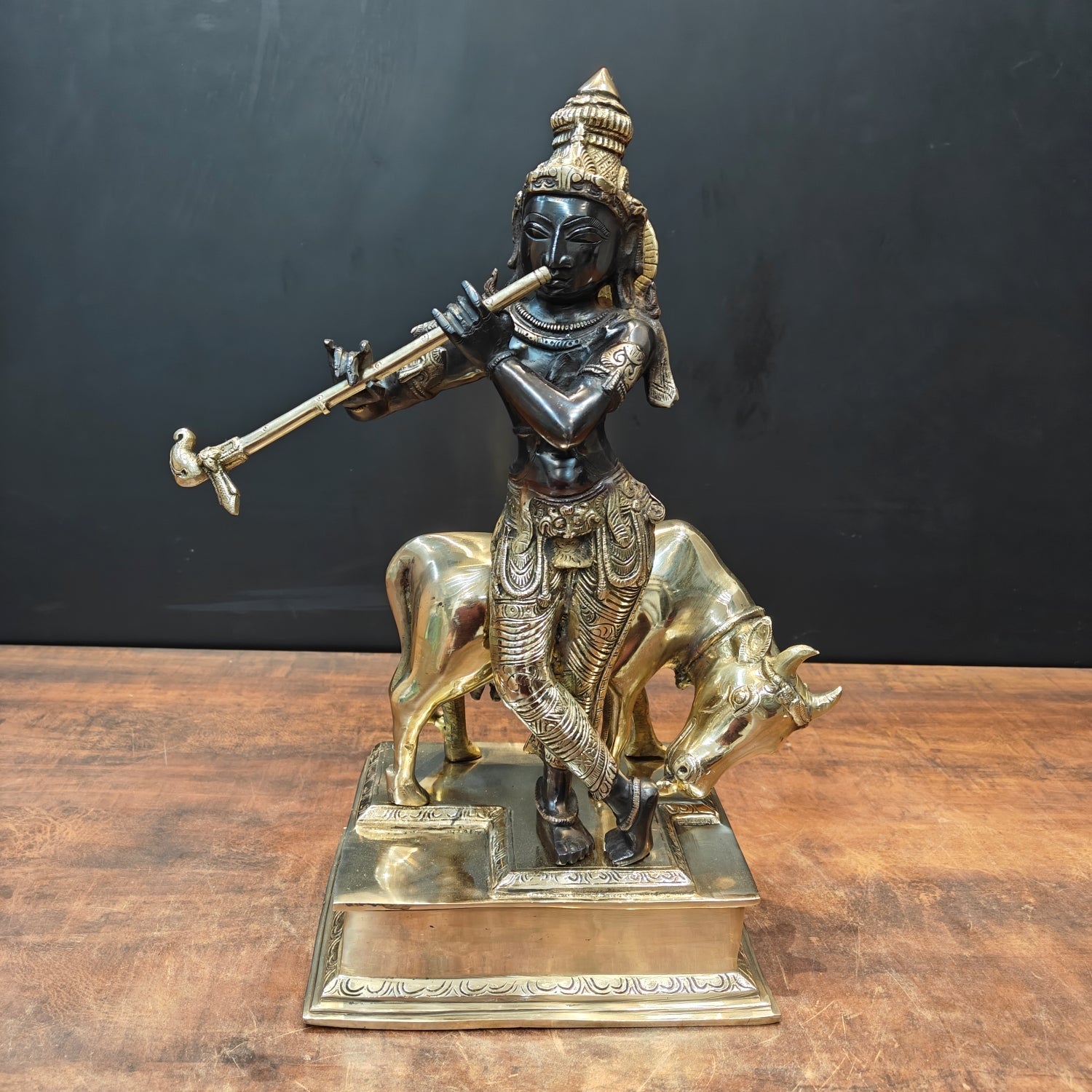 Brass Krishna Statue With Cow Black Gold Finish 1.5 Feet - Eco-friendly - Sama Homes