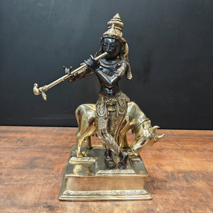 Brass Krishna Statue With Cow Black Gold Finish 1.5 Feet by vendor-unknown - Hindu Gods