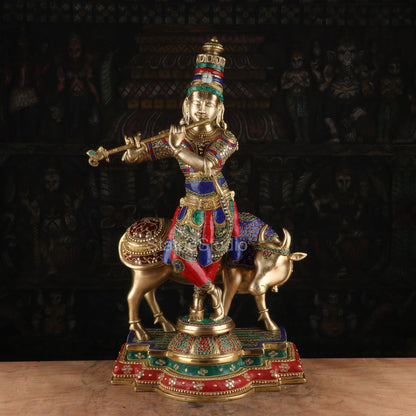 Brass Krishna Statue with Cow 2 Feet by StatueStudio by vendor-unknown - Hindu Gods