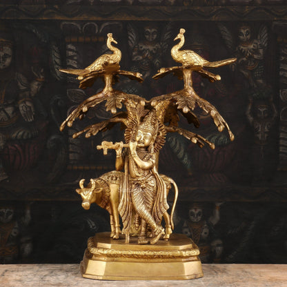 Brass Krishna Statue With Under The Tree Idol For Home Temple Decor 1 Feet by vendor-unknown - Hindu Gods