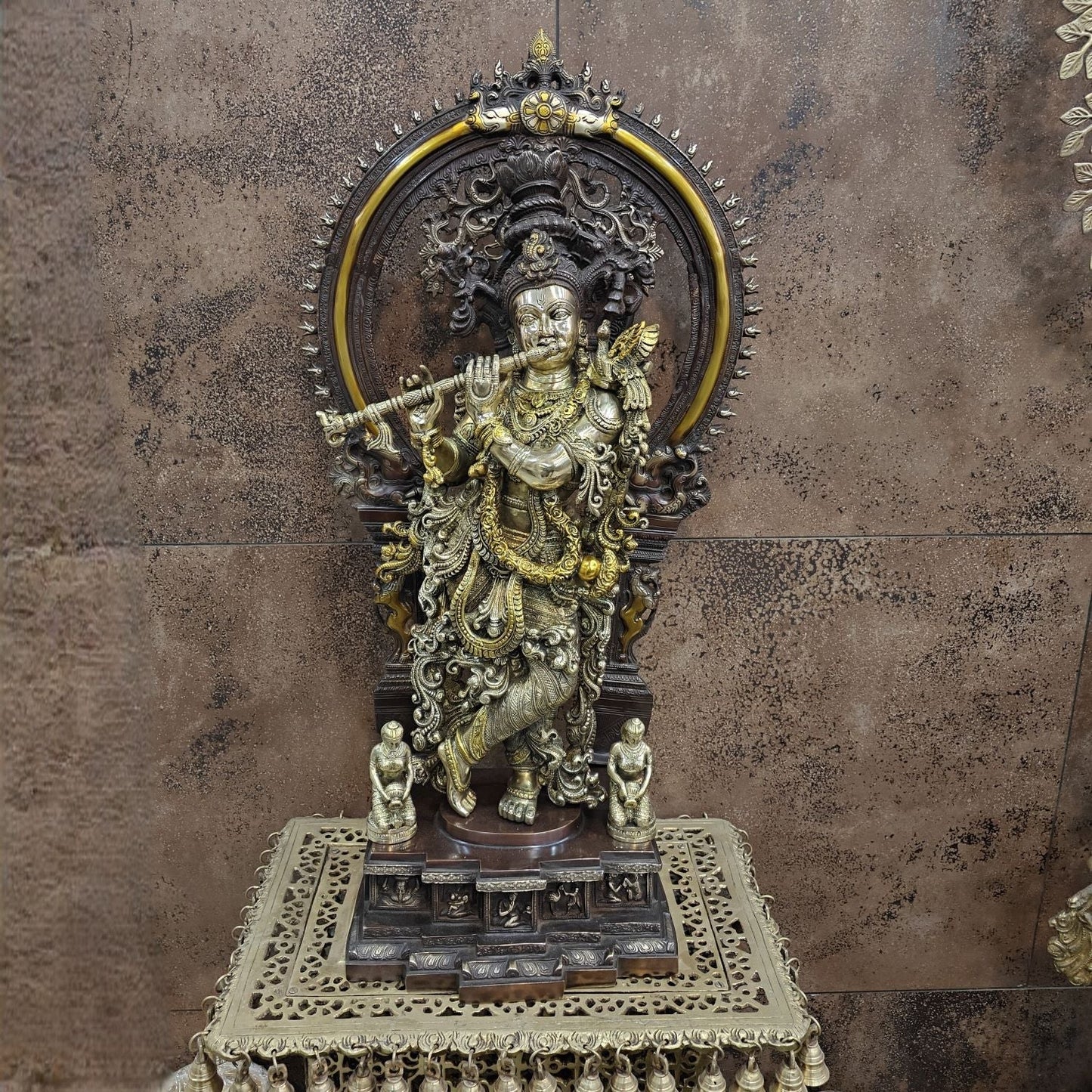 Brass Krishna Statue with Arch Antique Finish 32 Inches