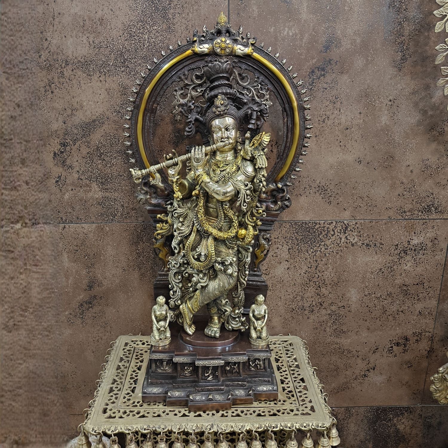 Brass Krishna Statue with Arch Antique Finish 32 Inches - Eco-friendly - Sama Homes