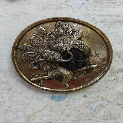 Brass Krishna Wall hanging Antique Finish For Home Decor 10" by vendor-unknown - Hindu Gods