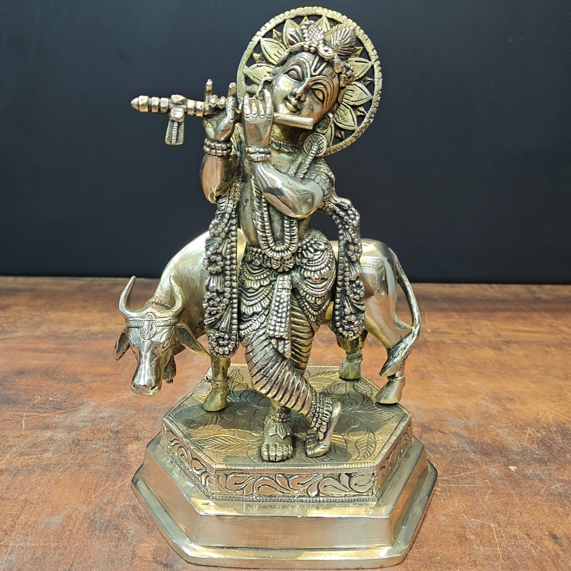 Brass Krishna With Cow Idol 12 Inch - Eco-friendly - Sama Homes