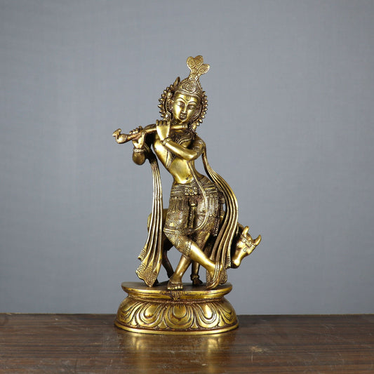 Brass Krishna With Cow Idol Figurine Showpiece Decor 1 Feet