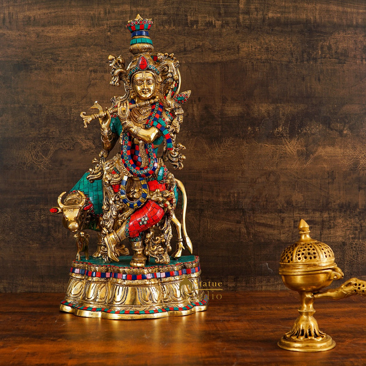 Brass Krishna Idol with Cow 2 Feet by StatueStudio