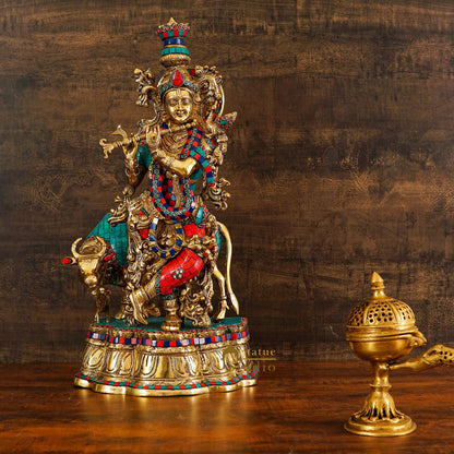 Brass Krishna Idol with Cow 2 Feet by StatueStudio by vendor-unknown - Hindu Gods