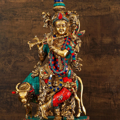 Brass Krishna Idol with Cow 2 Feet by StatueStudio by vendor-unknown - Hindu Gods (View 2)