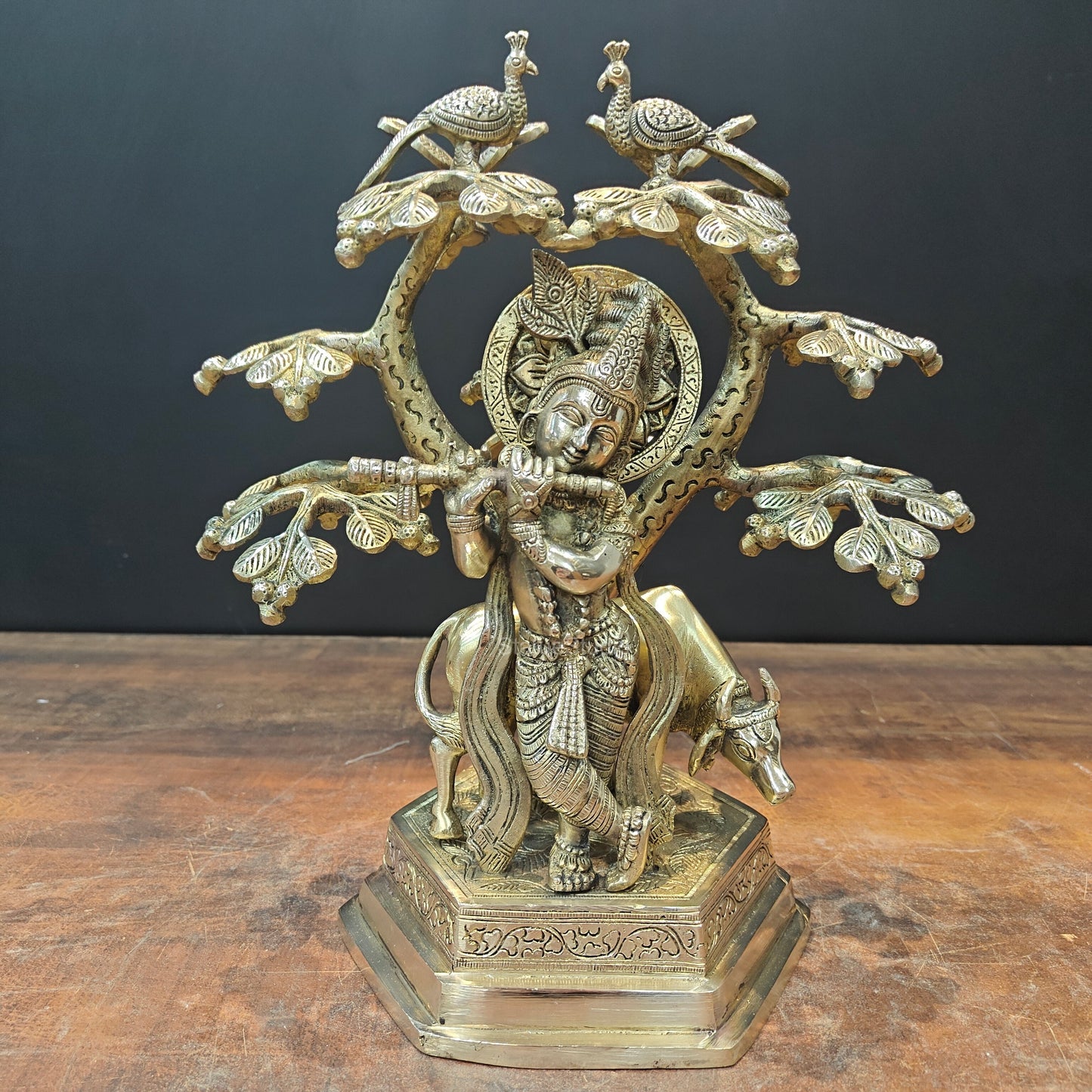 Brass Krishna With Cow Idol Under Kadamba Tree 14 Inch