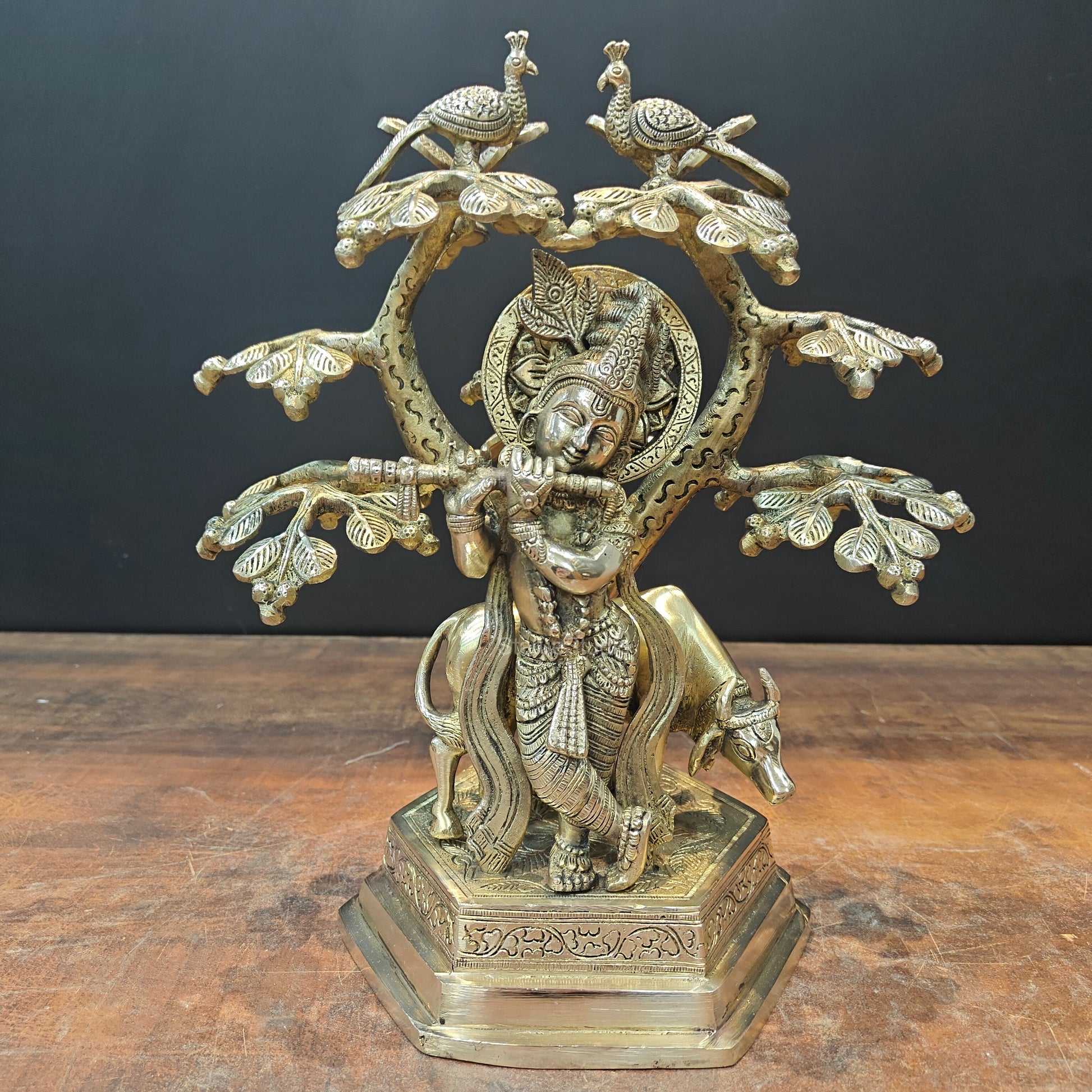 Brass Krishna With Cow Idol Under Kadamba Tree 14 Inch - Eco-friendly - Sama Homes