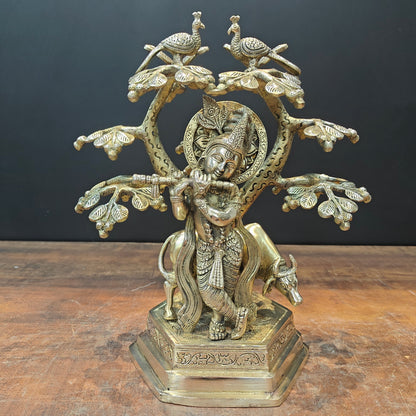 Brass Krishna With Cow Idol Under Kadamba Tree 14 Inch by vendor-unknown - Hindu Gods