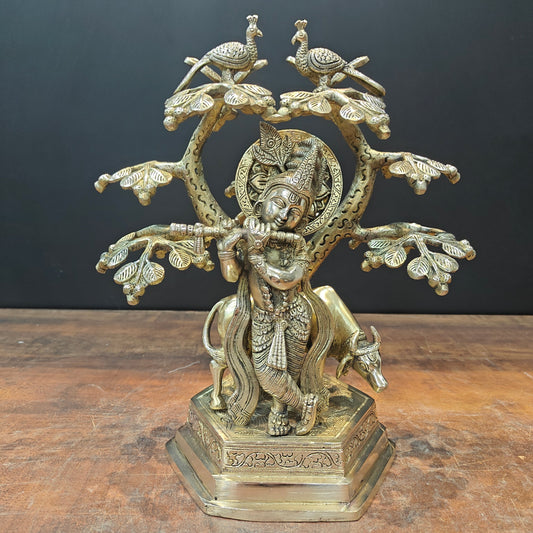 Brass Krishna With Cow Idol Under Kadamba Tree 14 Inch