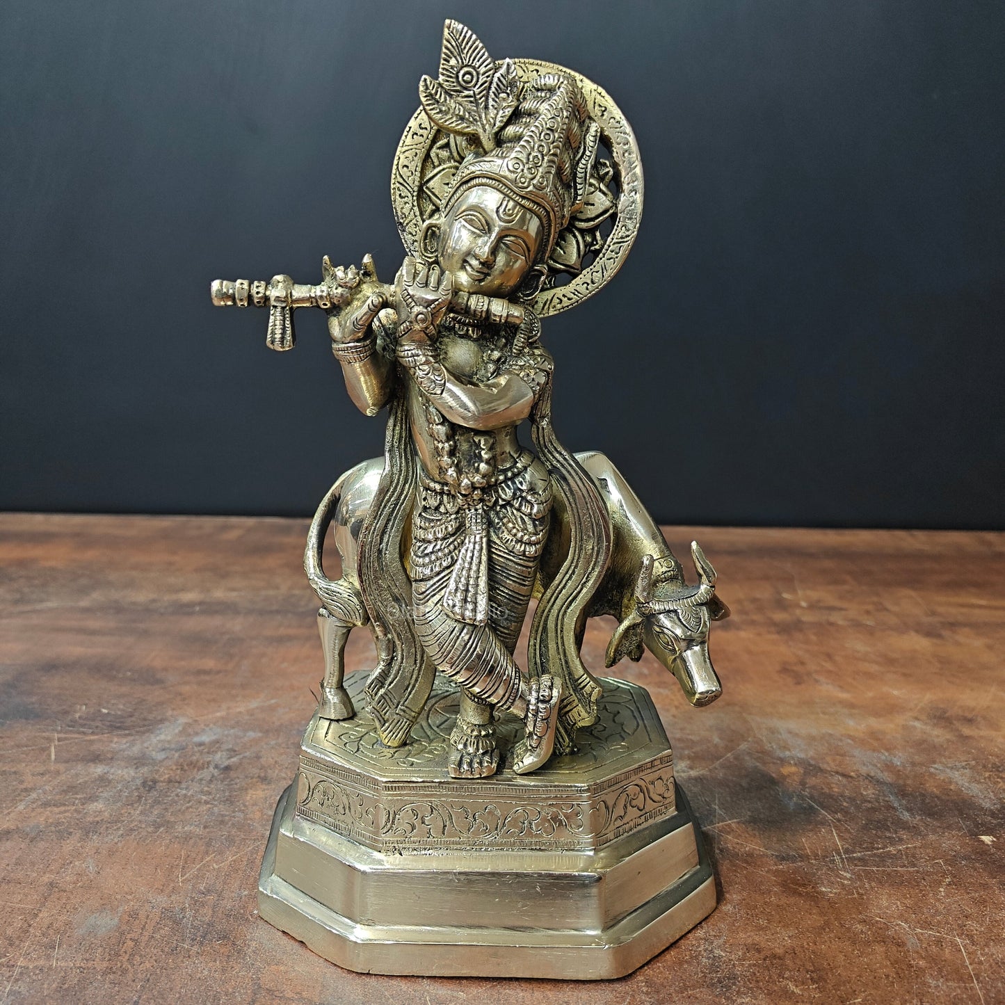 Brass Krishna With Cow Statue 10 Inch