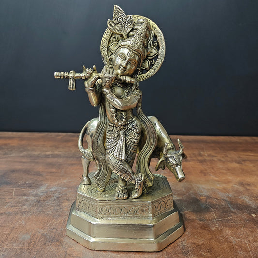 Brass Krishna With Cow Statue 10 Inch