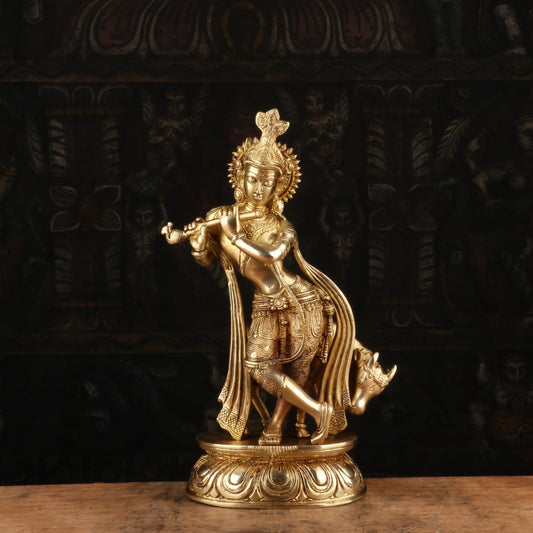 Brass Antique Krishna with Cow Idol 14"