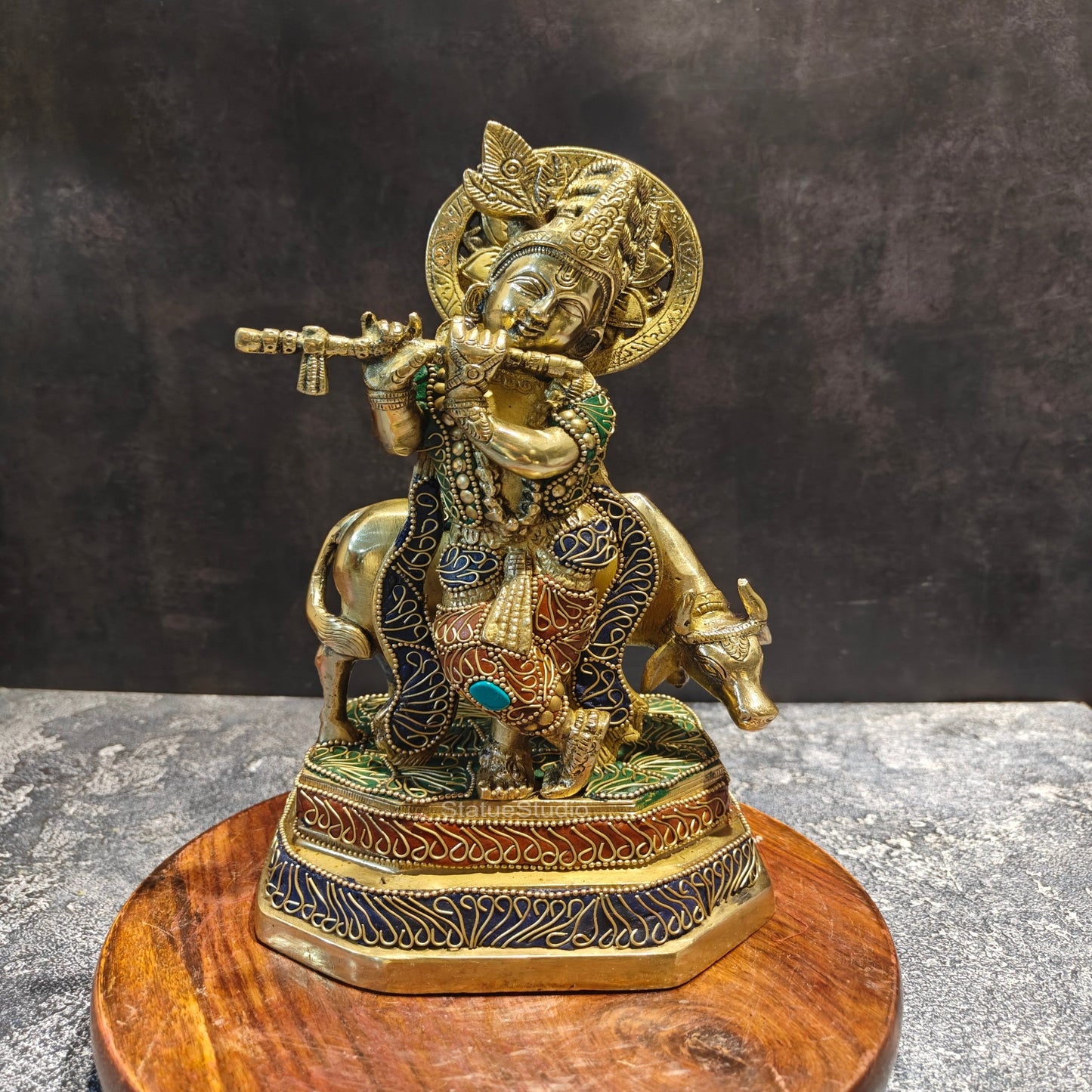 Brass Krishna With Cow Statue On Pedestal Stone Work 10 Inches