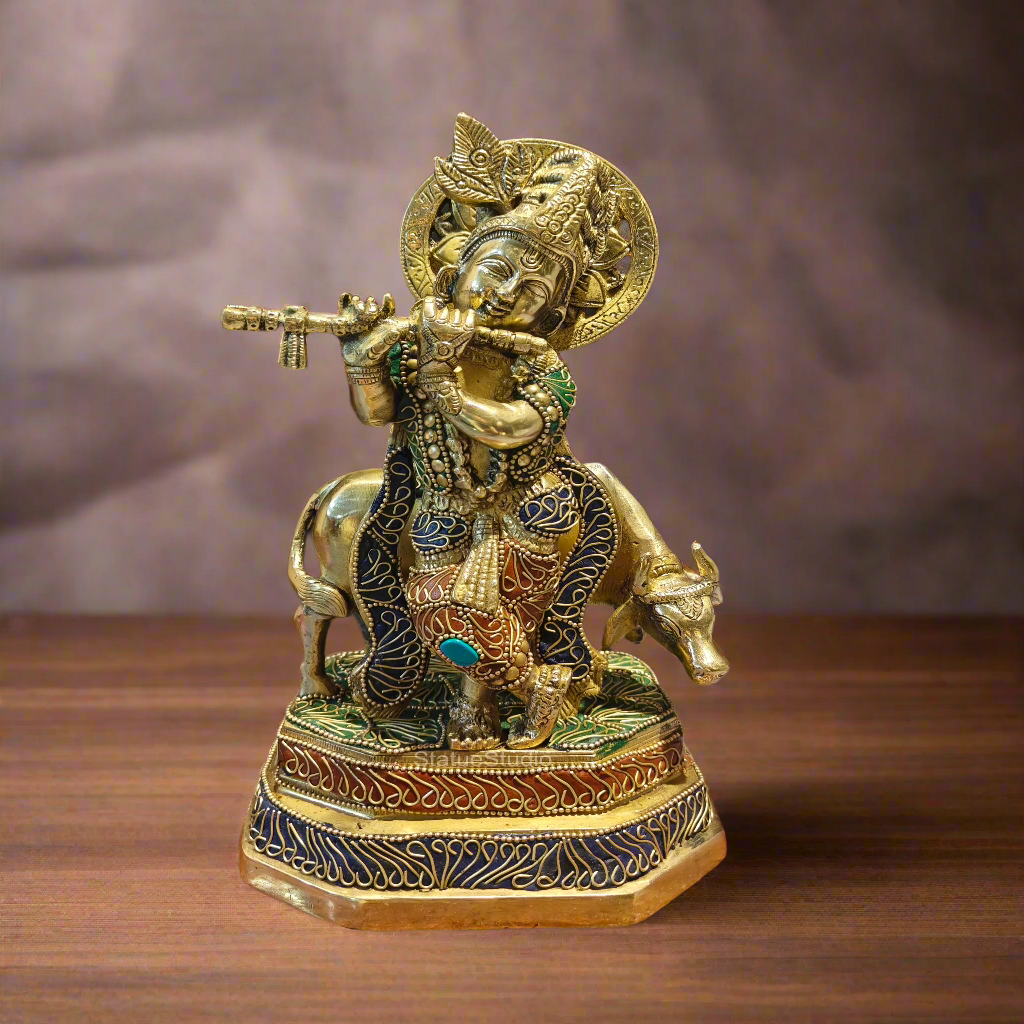 Brass Krishna With Cow Statue On Pedestal Stone Work 10 Inches
