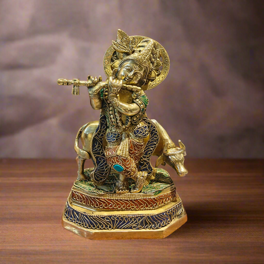 Brass Krishna With Cow Statue On Pedestal Stone Work 10 Inches