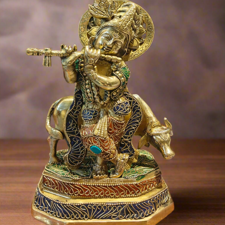 Brass Krishna With Cow Statue On Pedestal Stone Work 10 Inches