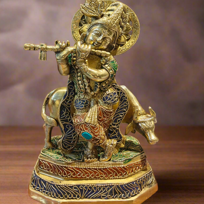 Brass Krishna With Cow Statue On Pedestal Stone Work 10 Inches by vendor-unknown - Hindu Gods (View 2)