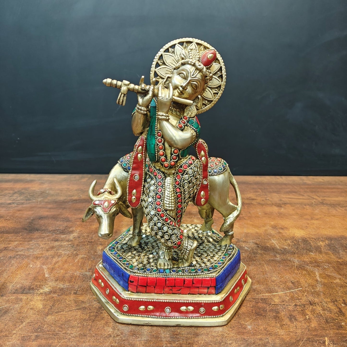 Brass Krishna With Cow Statue Stone Work 12 Inch