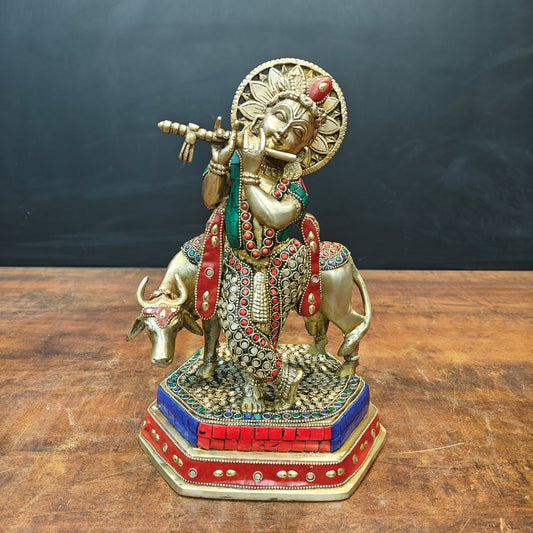 Brass Krishna With Cow Statue Stone Work 12 Inch