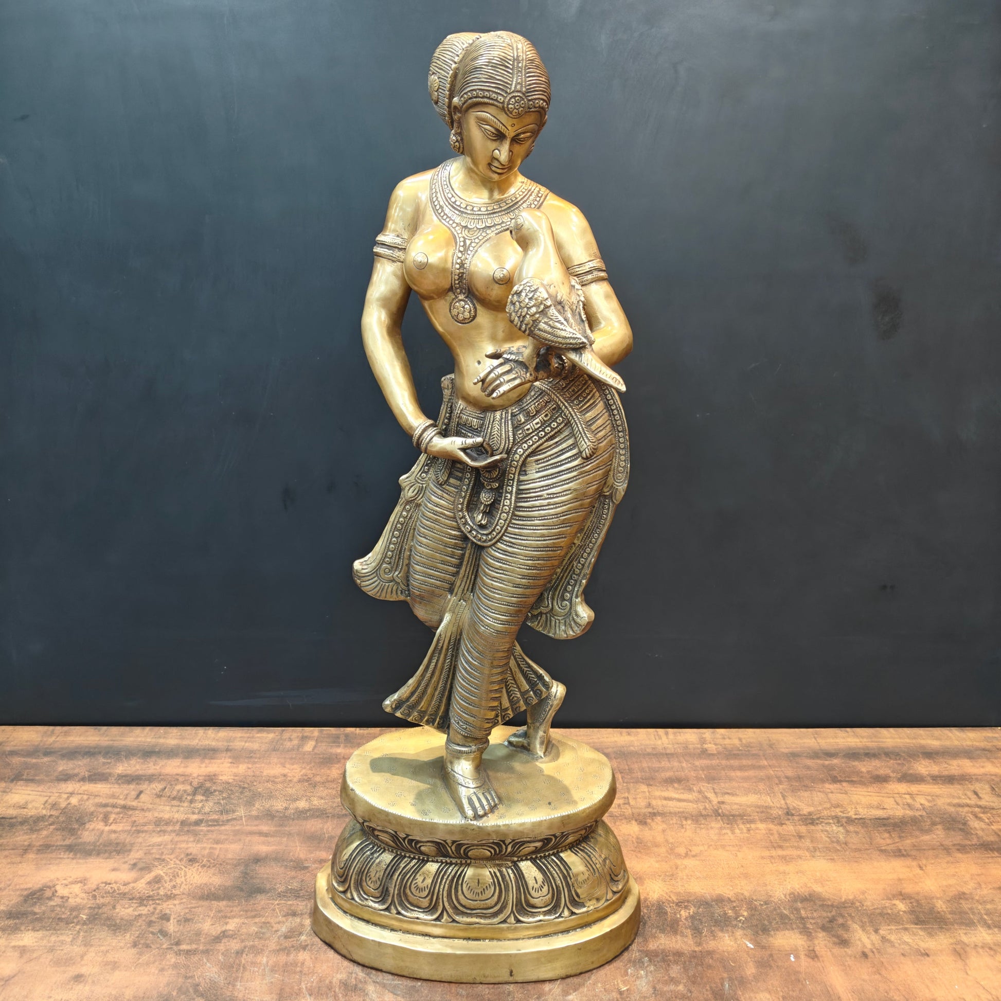 Brass Lady Holding Parrot Sculpture For Home Decor 3 Feet - Eco-friendly - Sama Homes