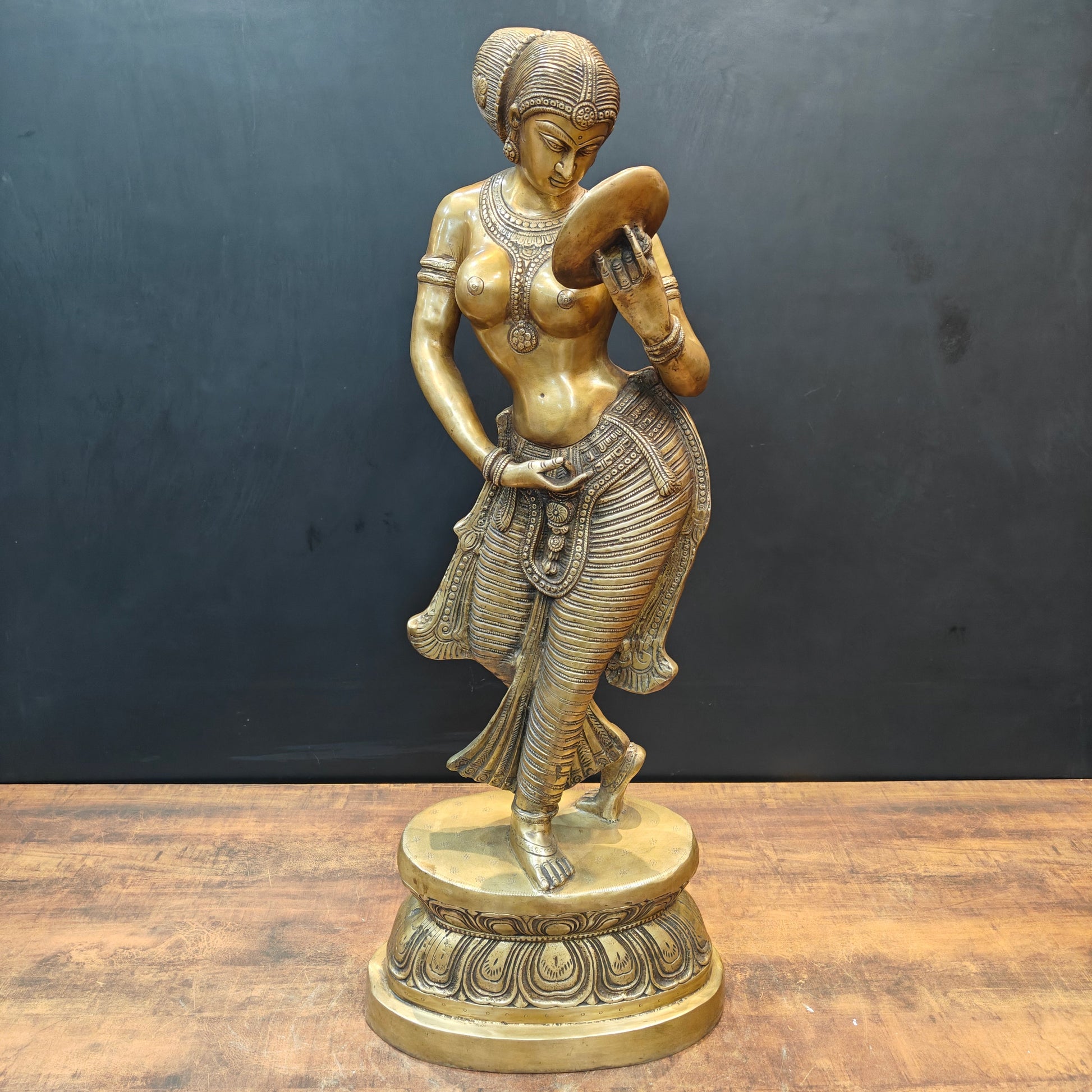 Brass Lady With Mirror Statue Sculpture For Home Decor 3 Feet - Eco-friendly - Sama Homes