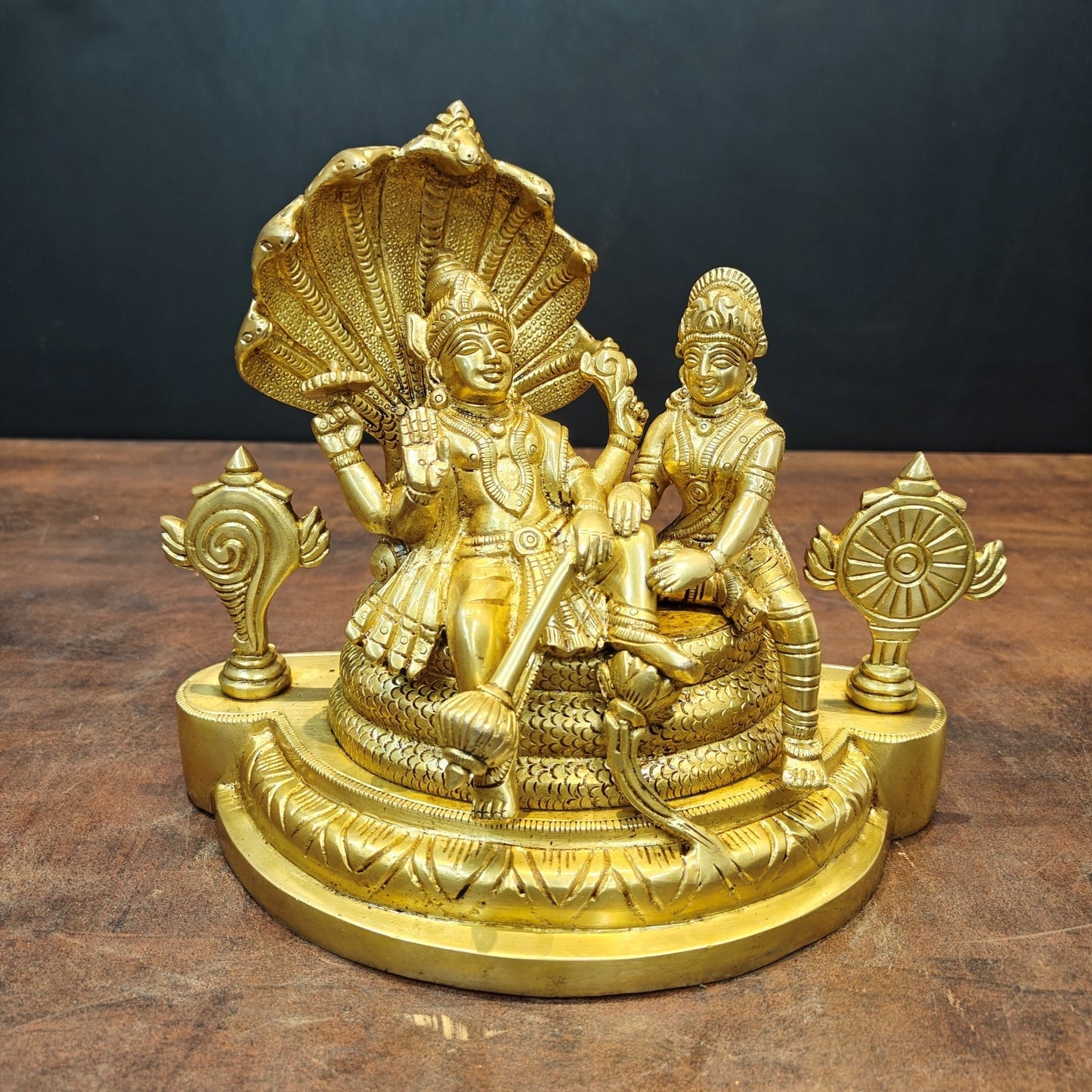 Brass Lakshmi Narayan Idols Under Serpent Golden Finish 8 Inch