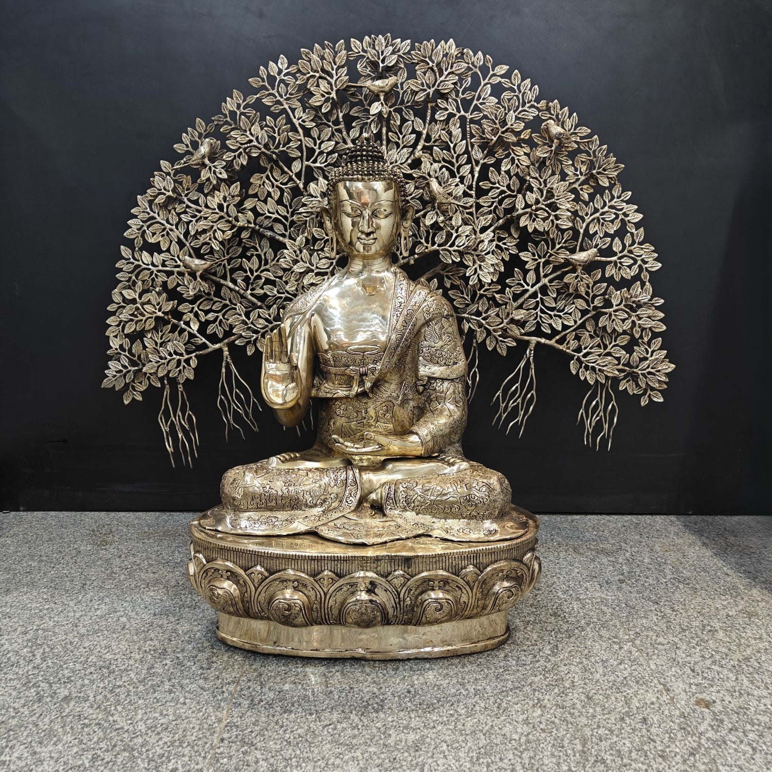 Brass Large Buddha Idol With Bodhi Tree For Home Decor 41 Inches - Eco-friendly - Sama Homes