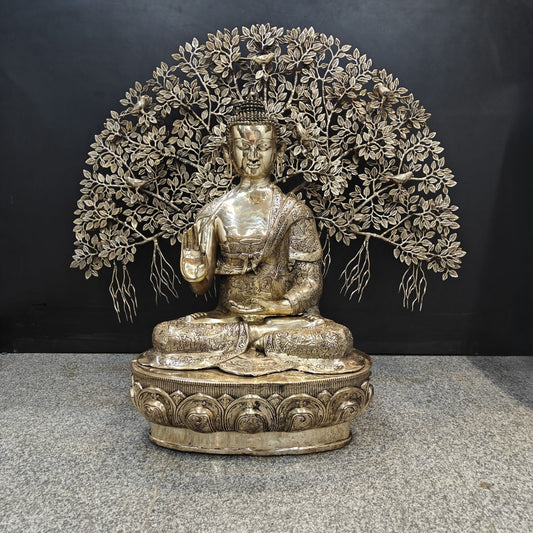 Brass Large Buddha Idol With Bodhi Tree For Home Decor 41 Inches