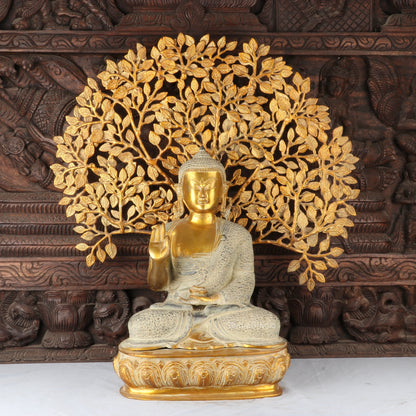Brass Large Buddha Idol With Tree Antique Finished For Home Decor Showpiece 2 Feet by vendor-unknown - Buddha