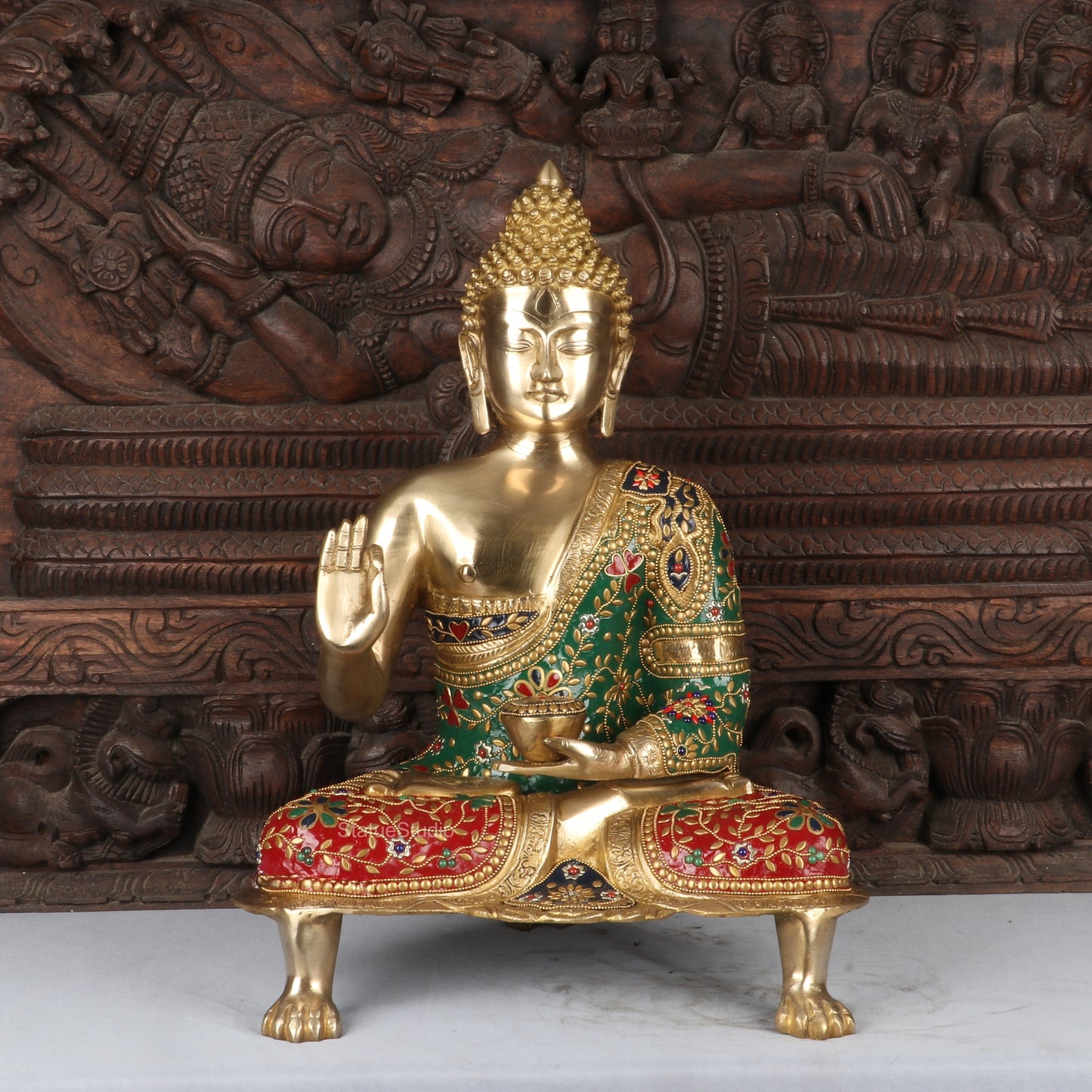 Brass Large Buddha Statue Stone Work For Home Decor Showpiece 20"
