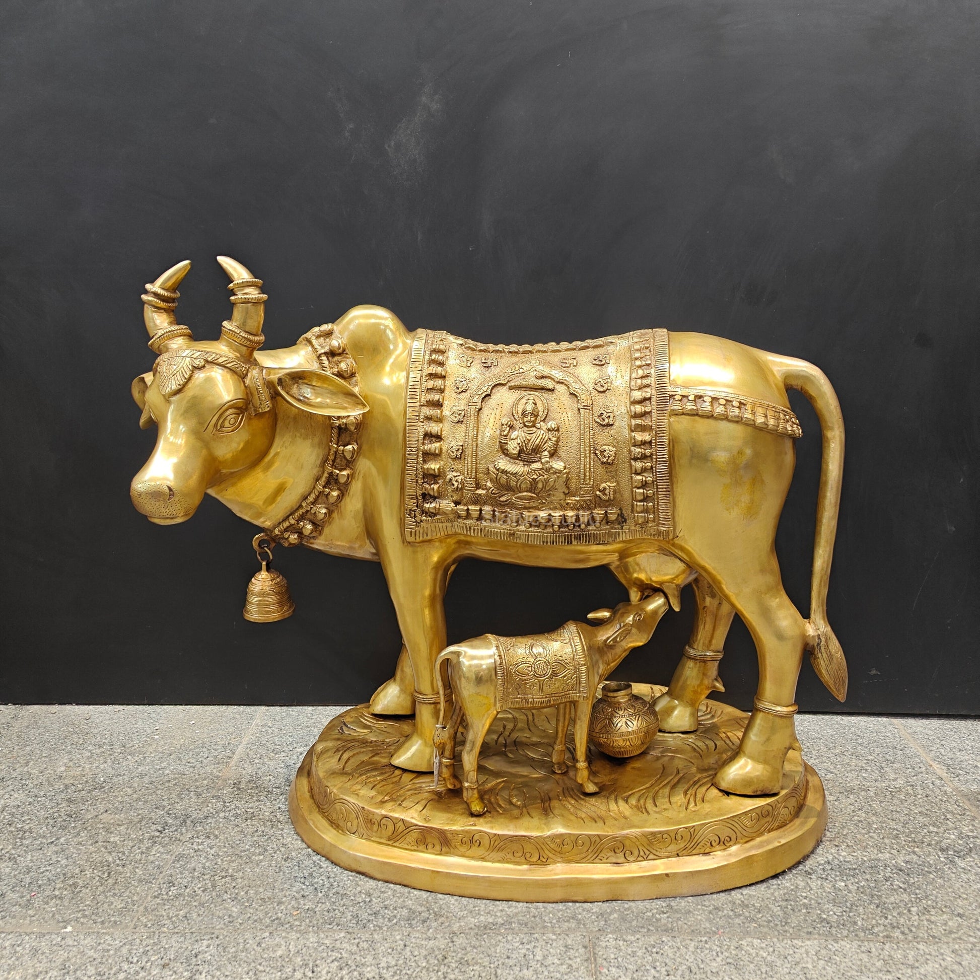 Brass Large Cow With Calf Lakshmi Ganesha Engraved 26 Inch - Eco-friendly - Sama Homes