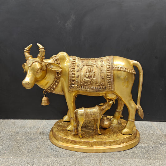 Brass Large Cow With Calf Lakshmi Ganesha Engraved 26 Inch