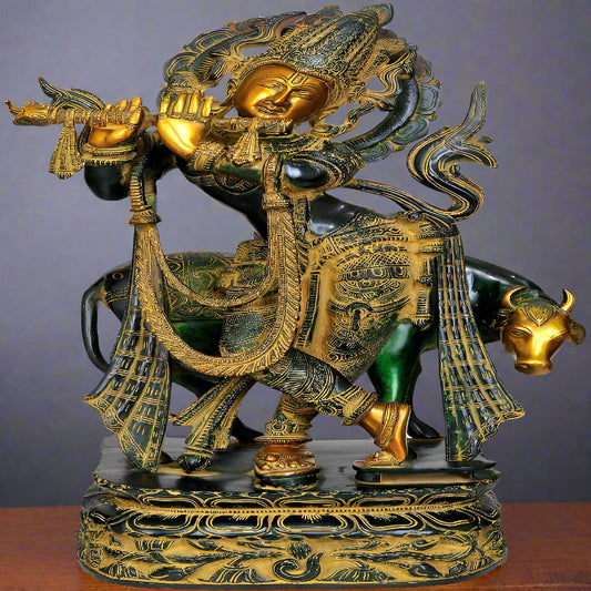 Brass Large Divine Krishna Statue With Cow Antique Finish 22 Inch