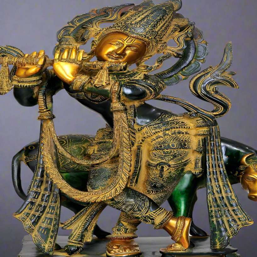 Brass Large Divine Krishna Statue With Cow Antique Finish 22 Inch - Image 2