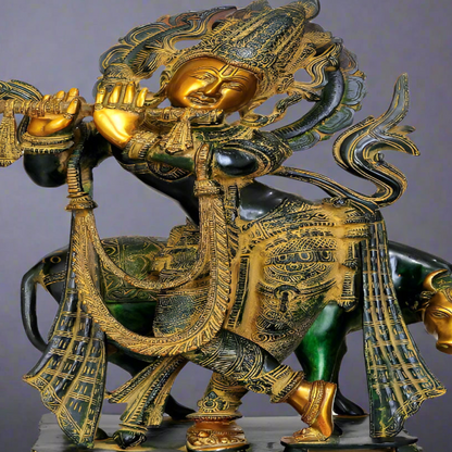 Brass Large Divine Krishna Statue With Cow Antique Finish 22 Inch by vendor-unknown - Hindu Gods (View 2)