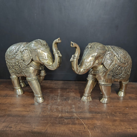 Brass Large Engraved Elephant Pair Statue Figurine Showpiece 22 Inch