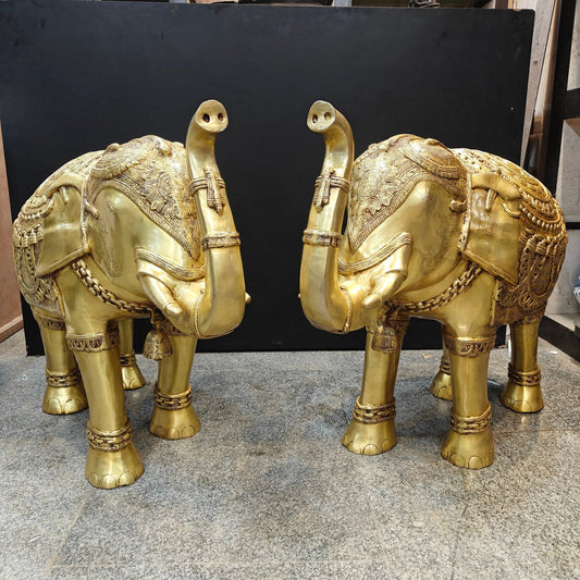 Brass Large Engraved Elephant Pair Statue Figurine Showpiece 3.5 Feet