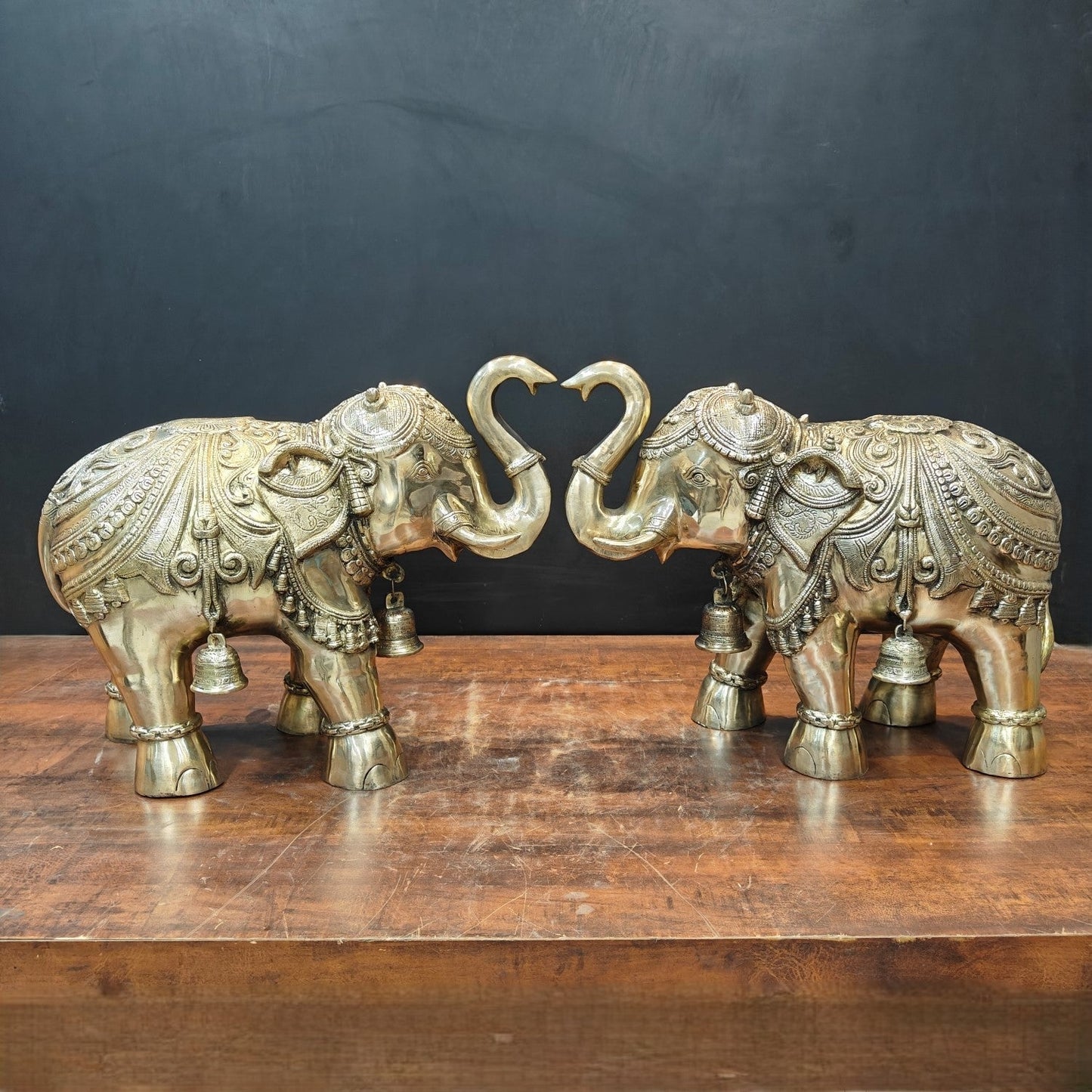 Brass Large Engraved Elephant Pair Statue With Bells Figurine 22 Inch