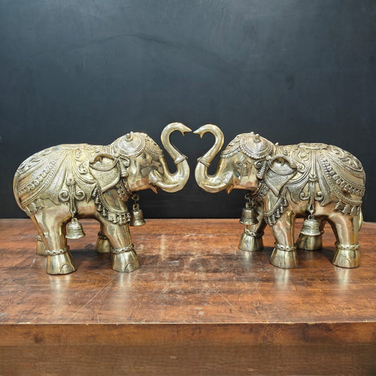 Brass Large Engraved Elephant Pair Statue With Bells Figurine 22 Inch